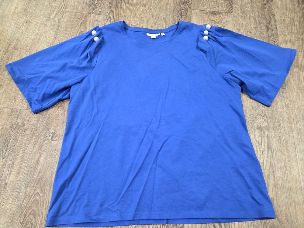 Chico's Solid Royal Blue Pearl Shoulder Detail Short Sleeve Blouse Top Shirt 2 L